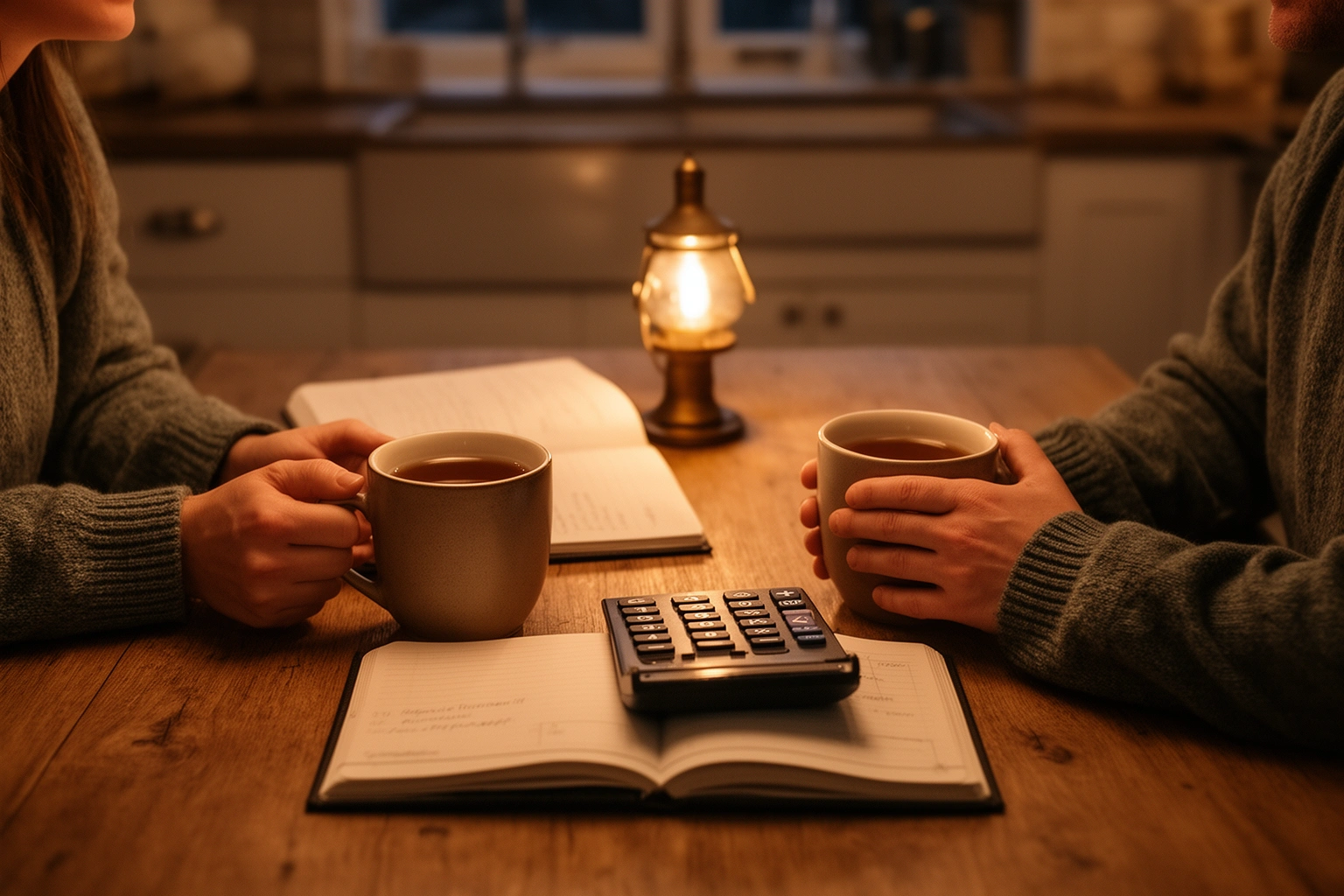 Couple sitting together at a kitchen table calmly reviewing finances and having a money conversation