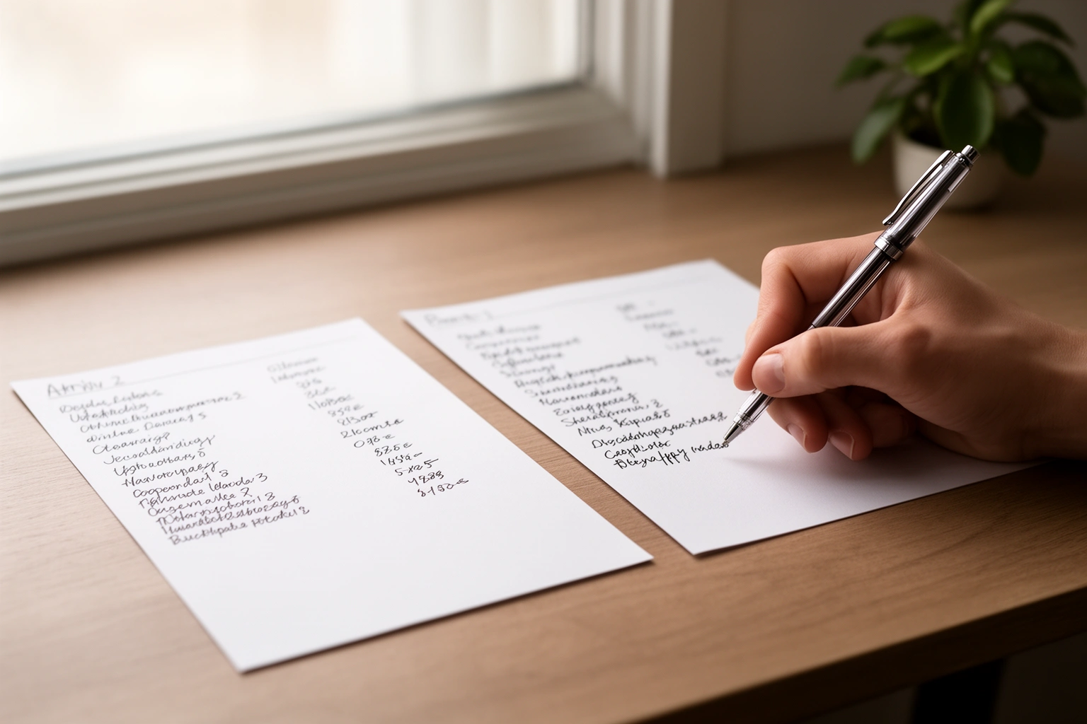 Two hands writing separate financial goal lists side by side on paper, comparing money priorities as a couple