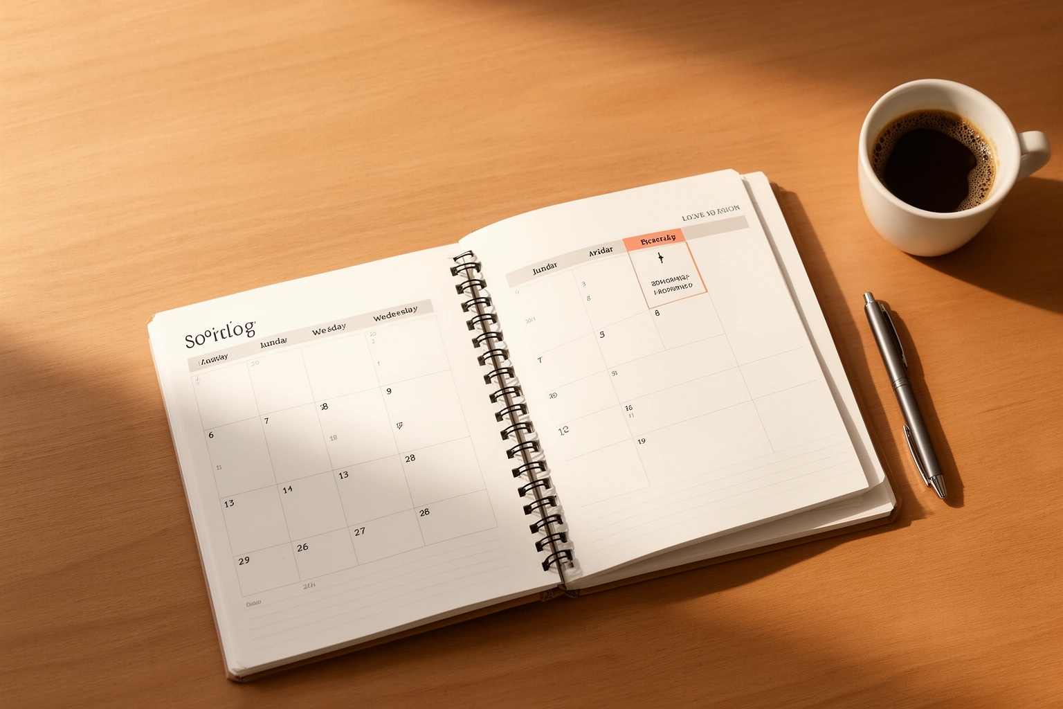 Calendar with a recurring weekly money date reminder marked in a planner next to a coffee cup