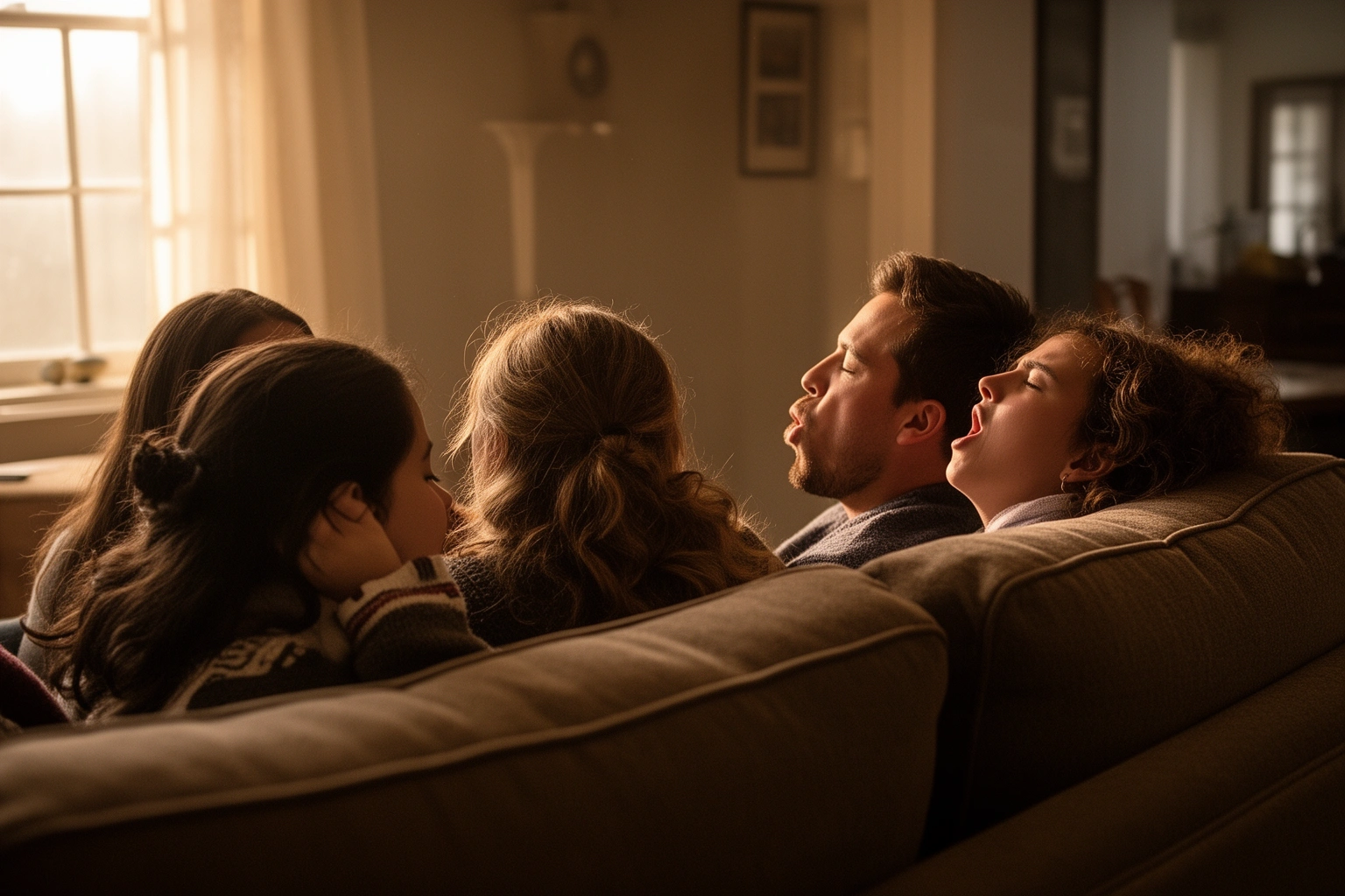 Group of people in a cozy setting, one yawning and others starting to yawn in response, social contagion concept