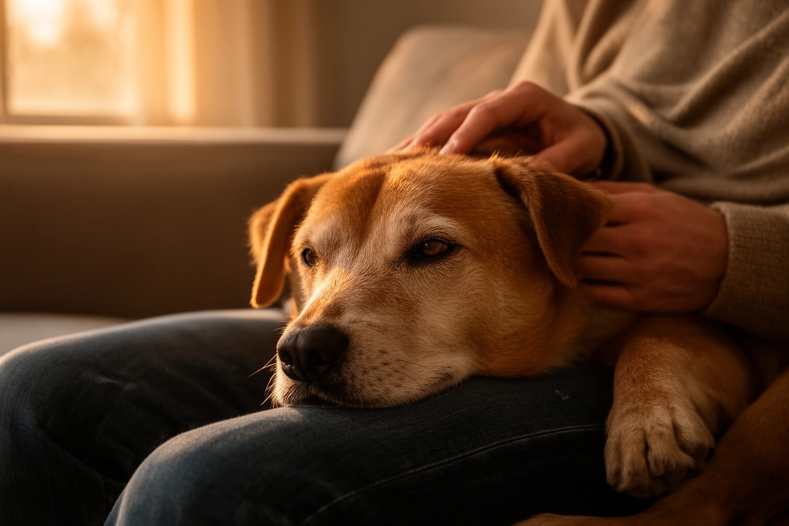Dog and owner resting together on a couch, illustrating cross-species contagious yawning between pets and humans