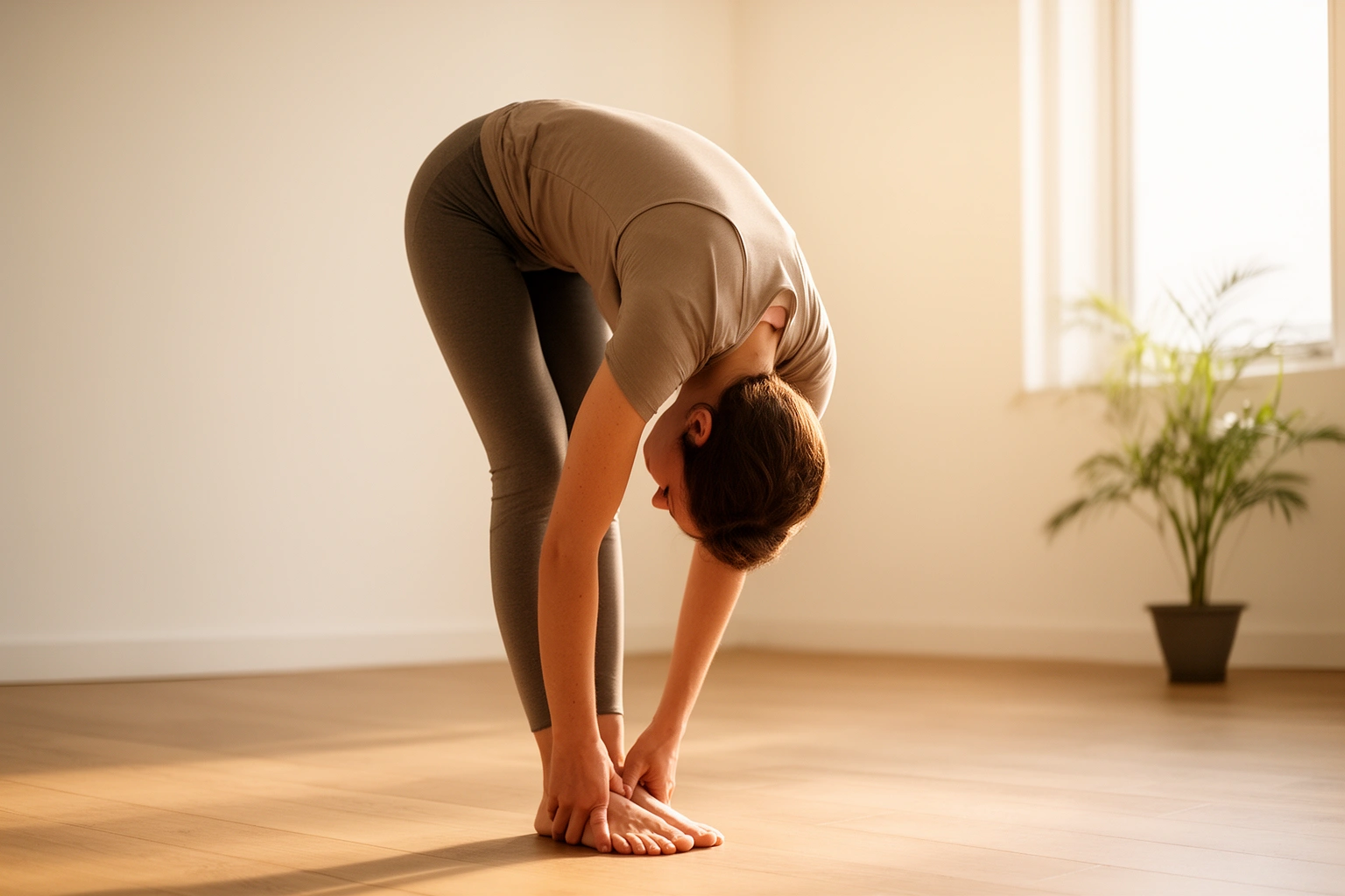 Standing forward fold stretch demonstrating a morning stretch that increases blood flow to the brain