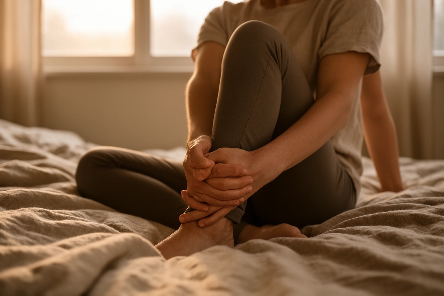 Seated spinal twist stretch performed on a bed right after waking up in the morning