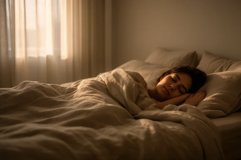 Peaceful person sleeping soundly in bed with soft morning light, representing the connection between sleep and mood