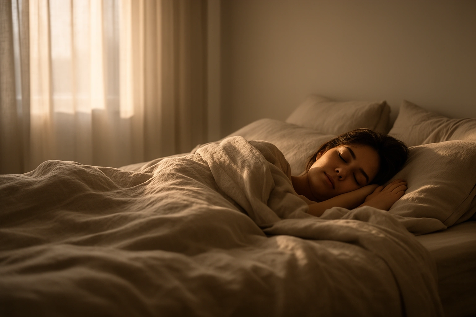 Peaceful person sleeping soundly in bed with soft morning light, representing the connection between sleep and mood