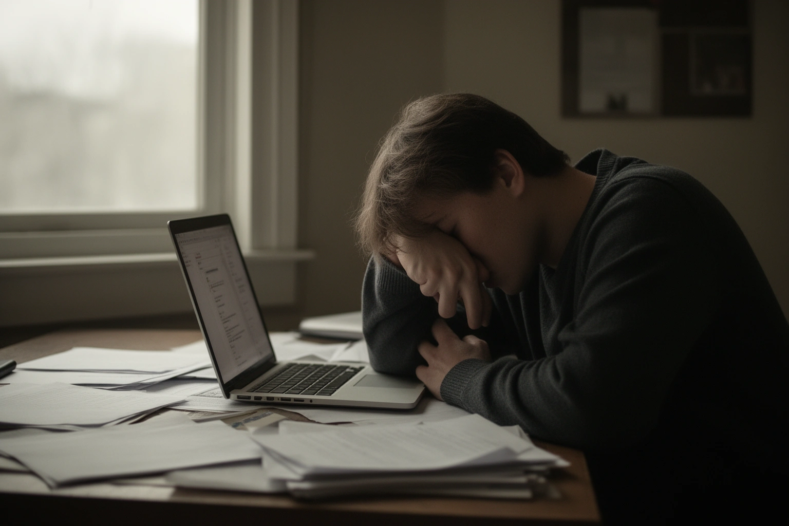 Tired person yawning at a desk during the day, showing the effects of poor sleep on daytime mood and energy