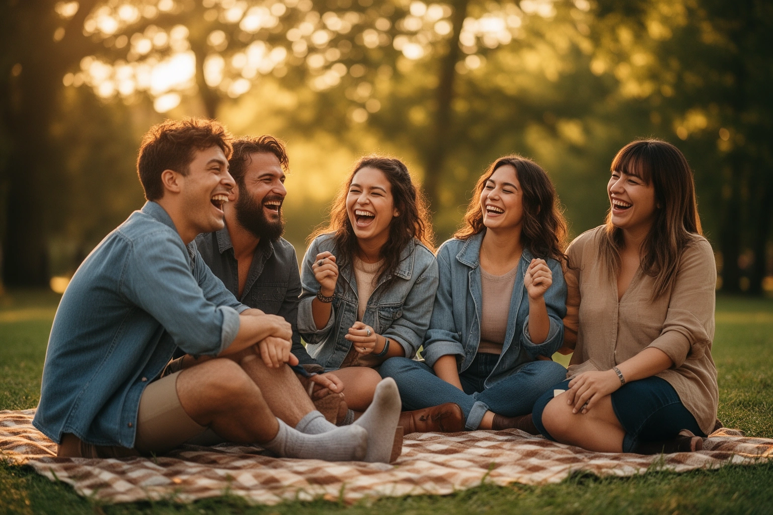 Group of friends laughing together outdoors, illustrating the health benefits of shared laughter