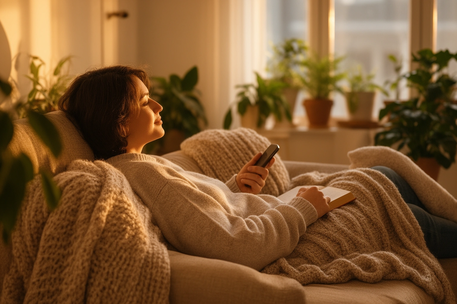 Person relaxed on a couch after laughing, showing muscle relaxation and stress relief benefits of laughter