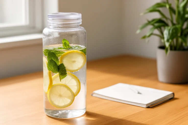 Reusable water bottle on a desk with fresh lemon and mint slices for flavoring water throughout the day