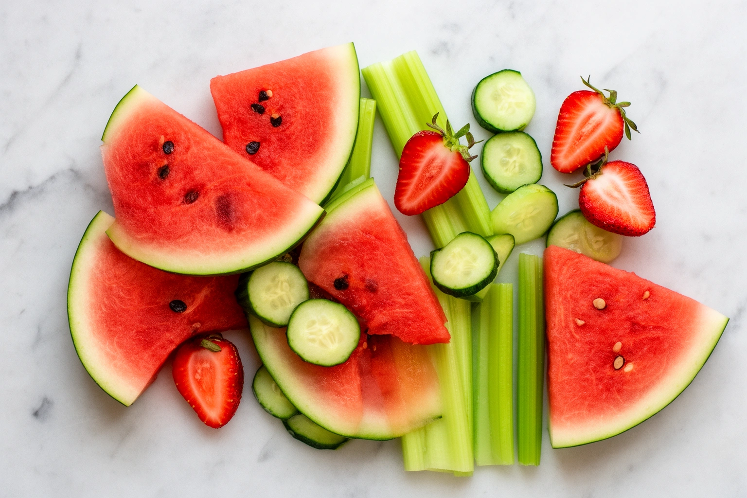 Assortment of water-rich fruits and vegetables including watermelon, cucumber, and strawberries for hydration