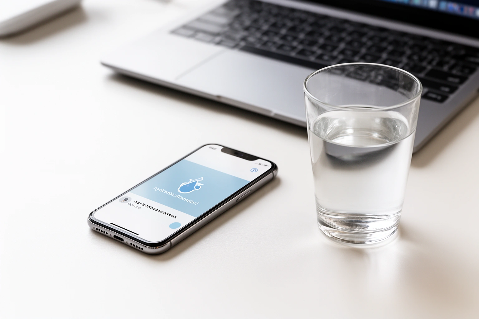 Smartphone hydration reminder app notification next to a glass of water on an office desk