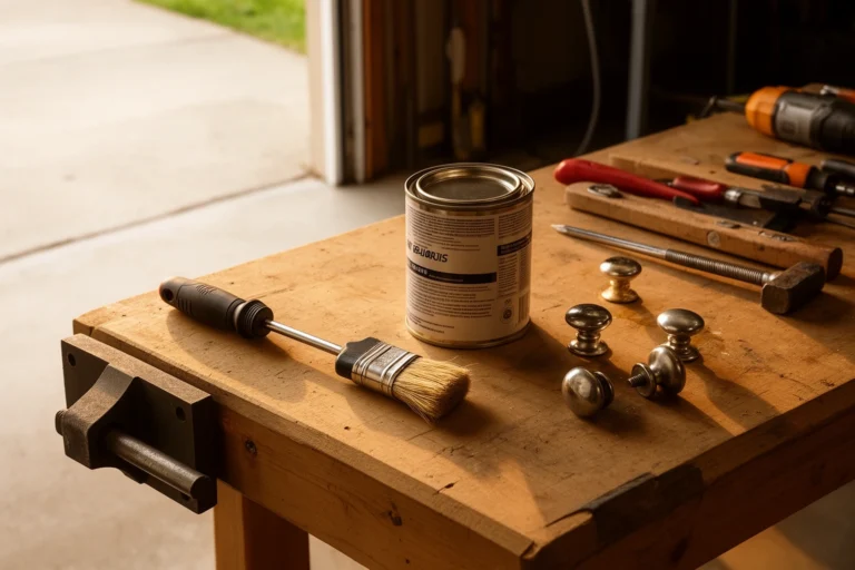 Beginner DIY workspace with basic tools, paint cans, and cabinet hardware laid out for a weekend home project