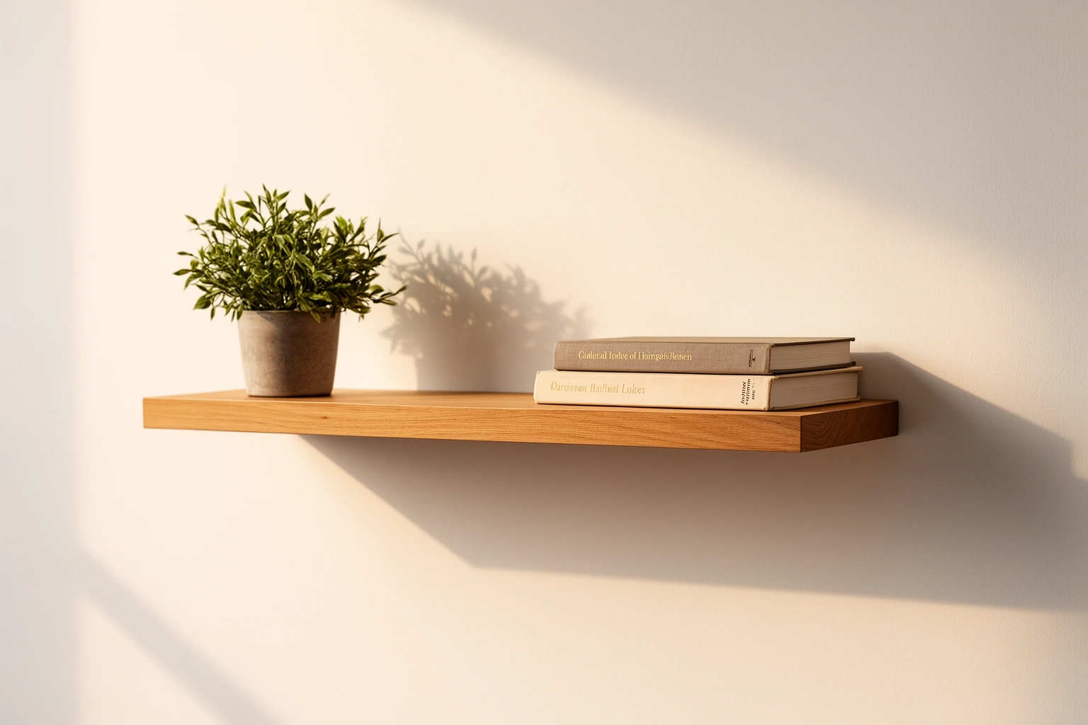 Finished DIY floating shelf mounted on a wall with small potted plants, a simple beginner carpentry project