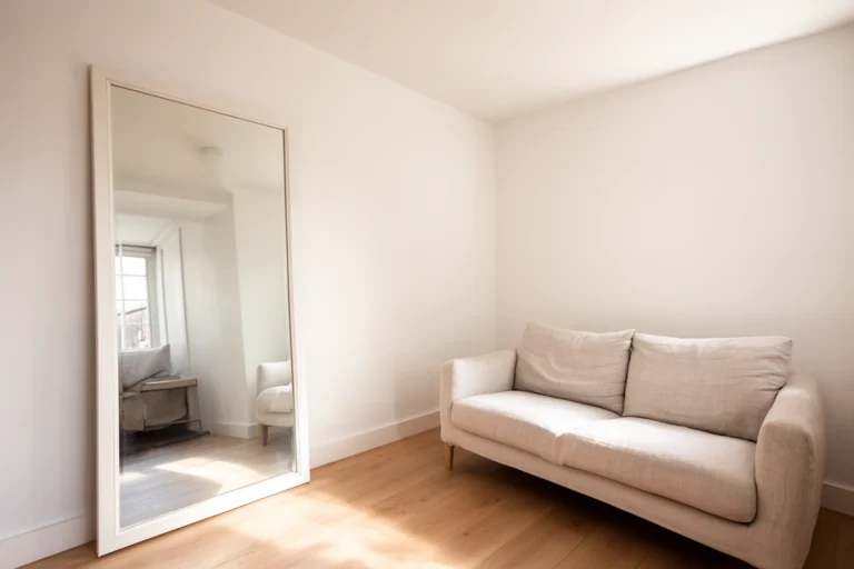 Small bright living room with light colored walls, a large mirror, and minimal furniture creating an open spacious feel