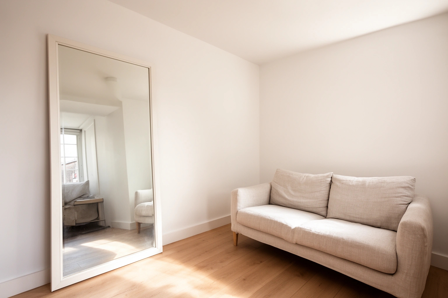 Small bright living room with light colored walls, a large mirror, and minimal furniture creating an open spacious feel