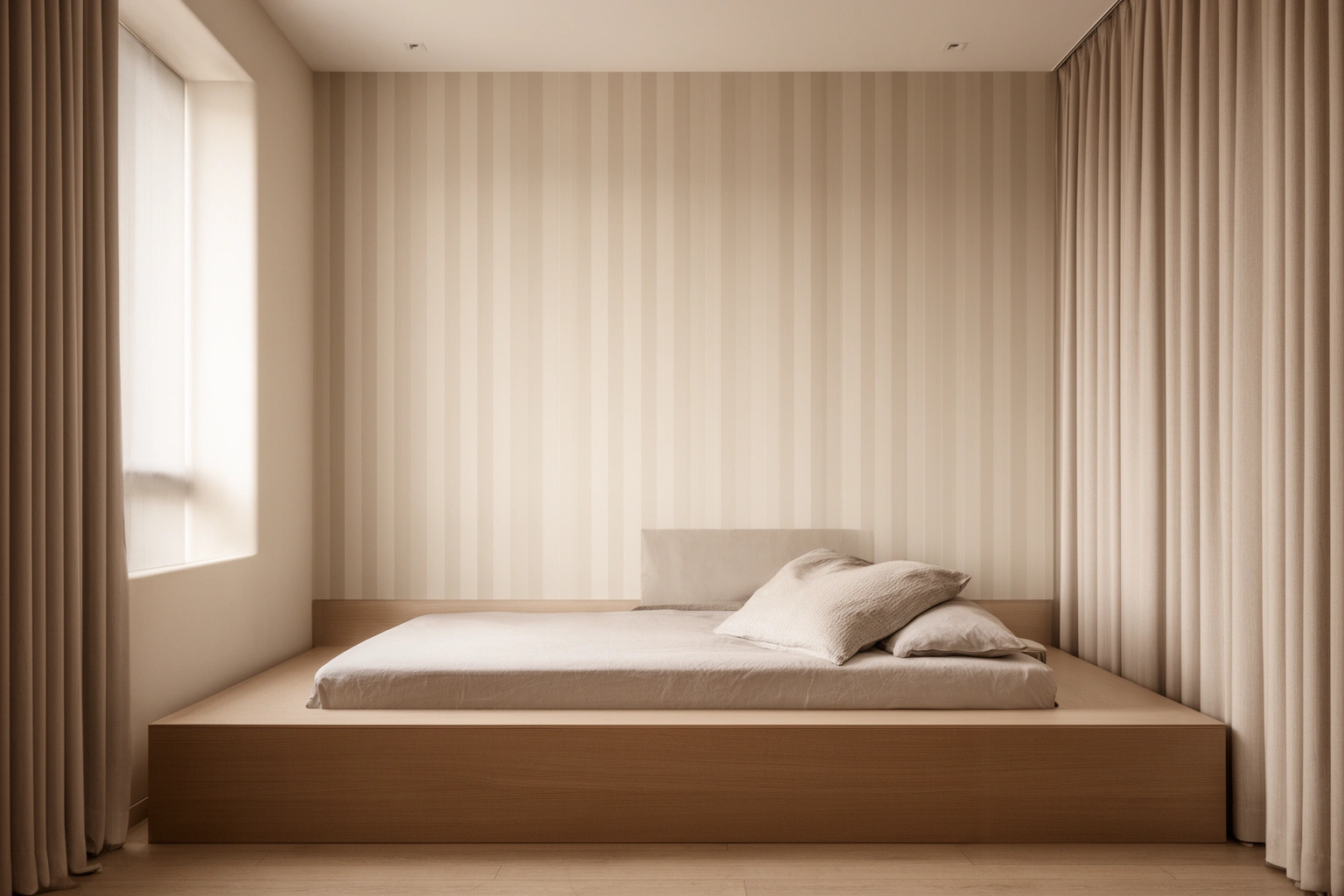Small bedroom with vertical striped wallpaper and tall curtains drawing the eye upward to create height illusion