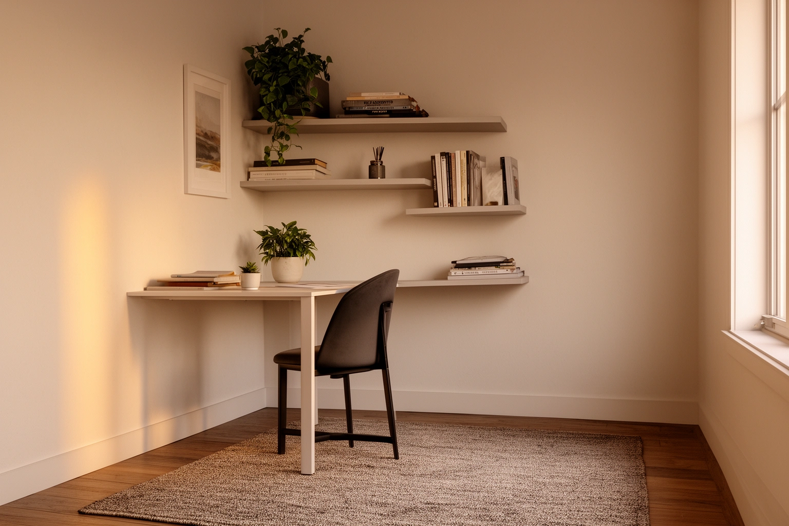 Compact home office with floating shelves and multi functional furniture maximizing floor space in a small room