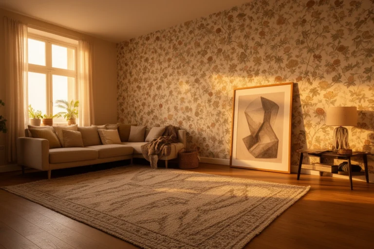 Renter-friendly apartment living room with removable wallpaper accent wall, leaning artwork, and layered rugs