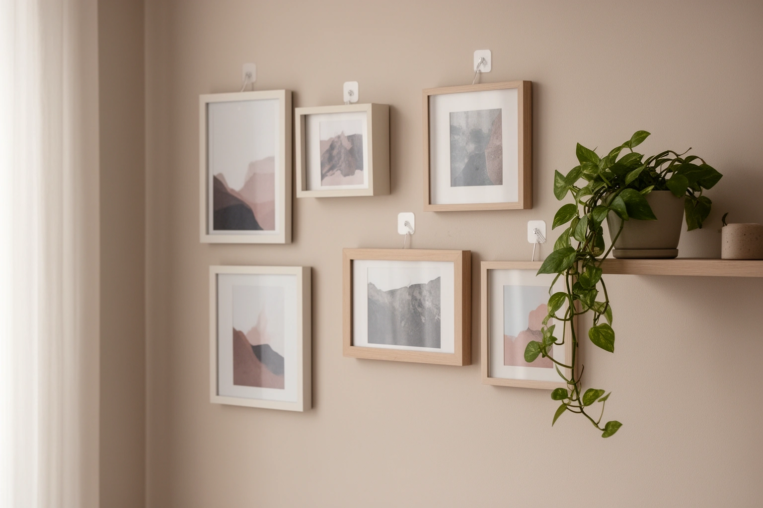 Command hook gallery wall of framed art and plants in a rental apartment without wall damage