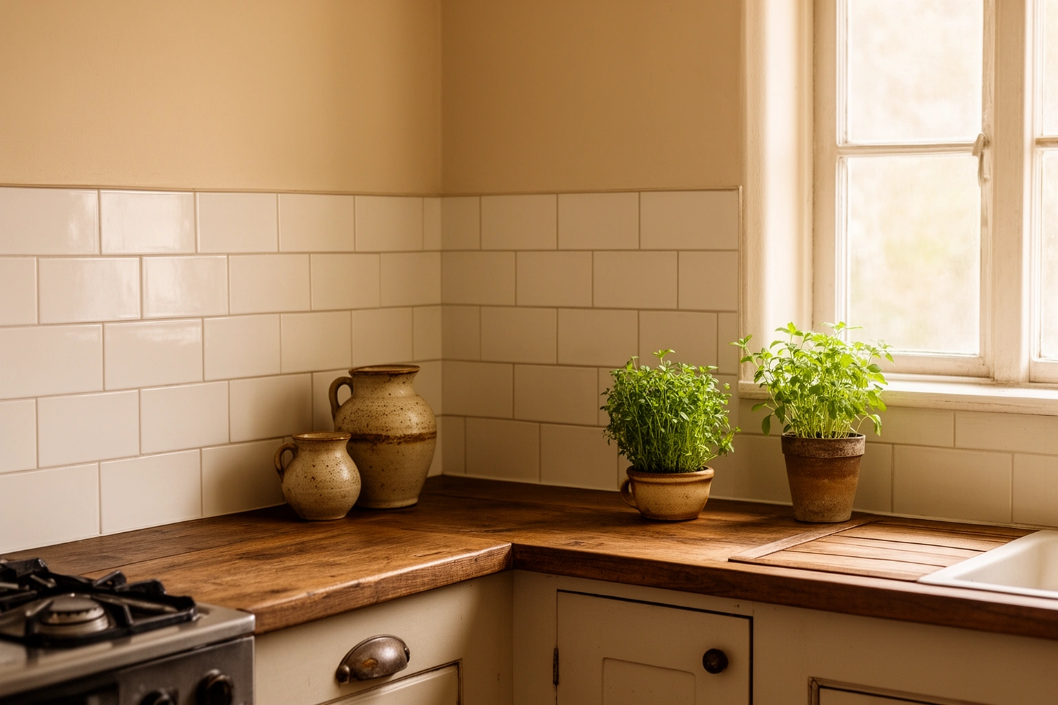 Rental apartment kitchen with peel and stick tile backsplash and thrifted decor accessories adding character