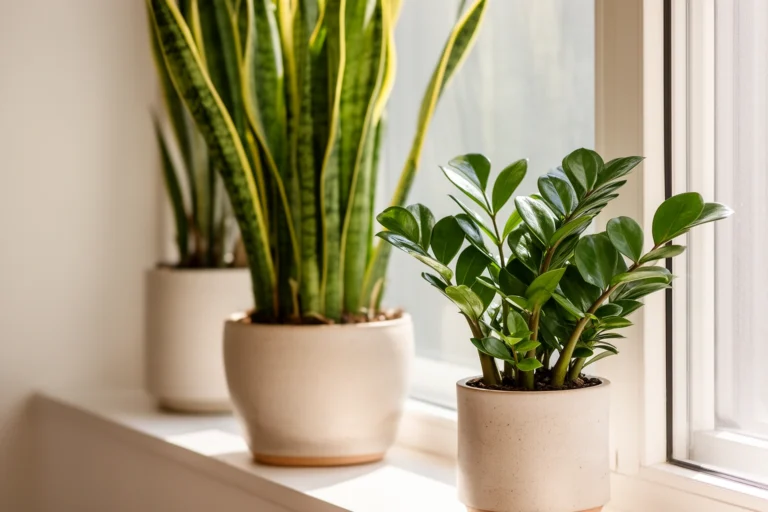 Snake plant and ZZ plant displayed on a sunlit windowsill, low maintenance houseplants for forgetful owners