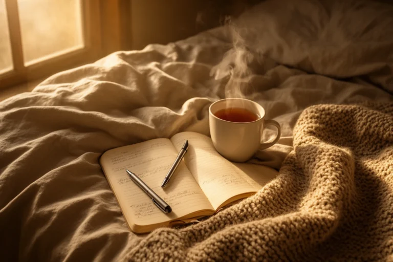 Cozy Sunday morning scene with tea, a journal, and soft blanket on a bed for a slow self-care start to the day