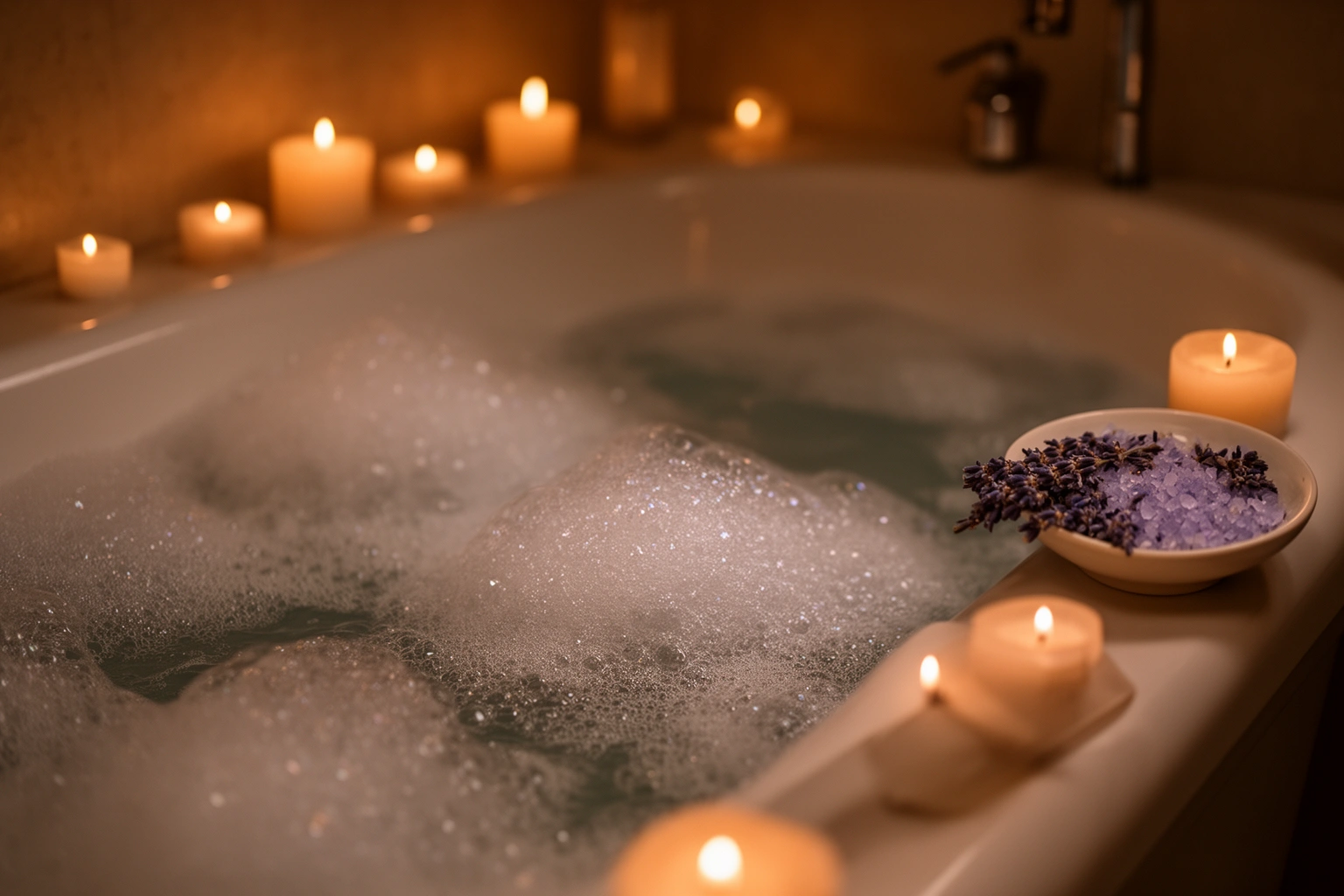 Relaxing bath setup with candles and lavender bath soak for a self-care Sunday pampering ritual