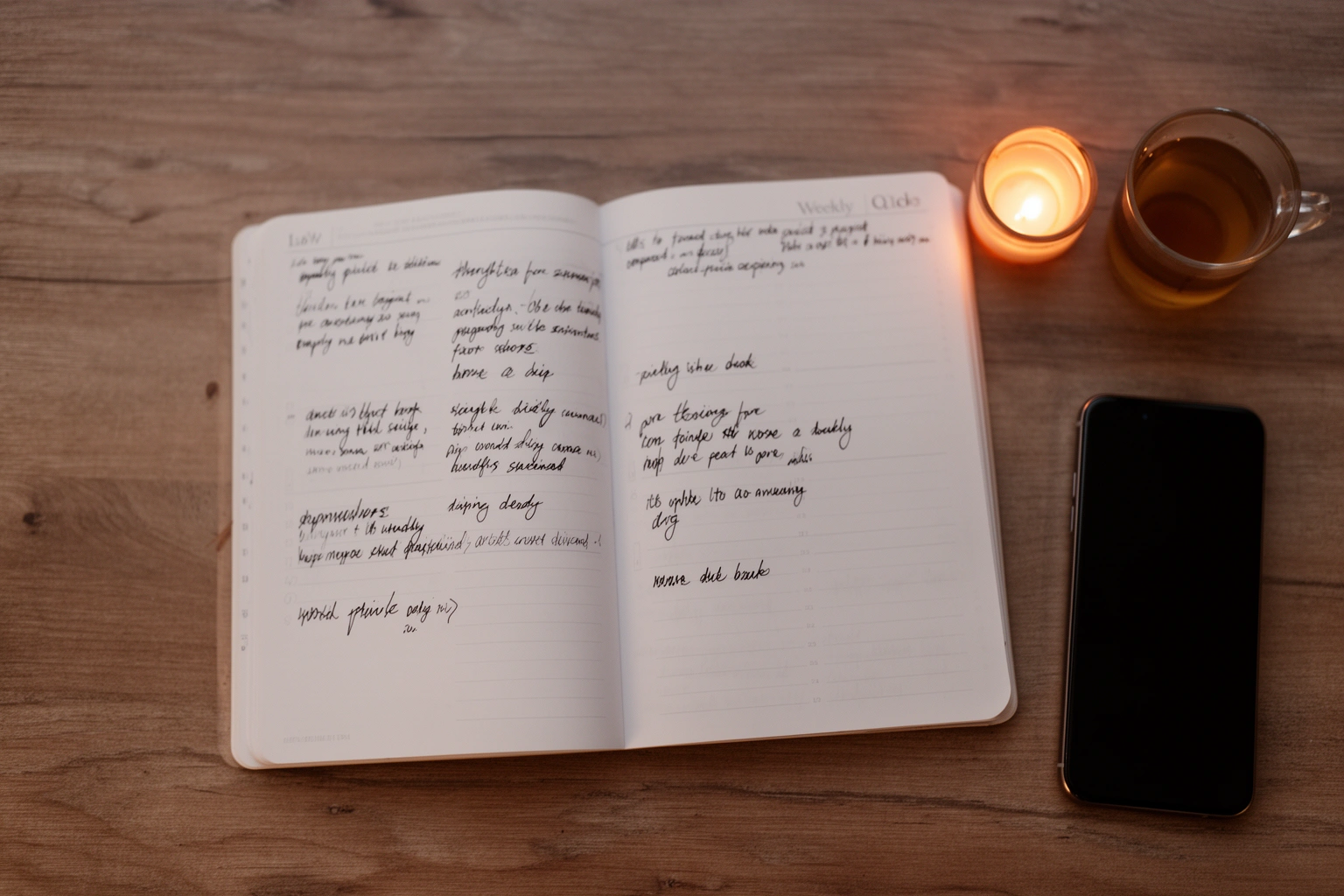Weekly planner and phone with notifications turned off, representing setting intentions and digital detox for the week ahead