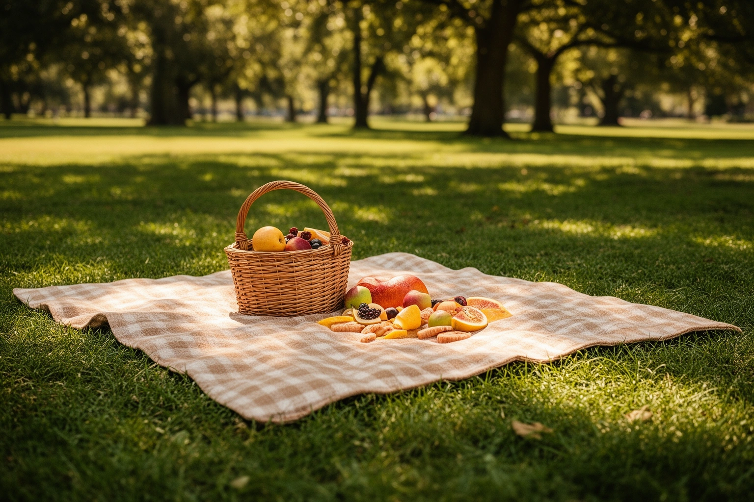 Friends having a picnic in a sunny park with a blanket and snacks, a free weekend activity