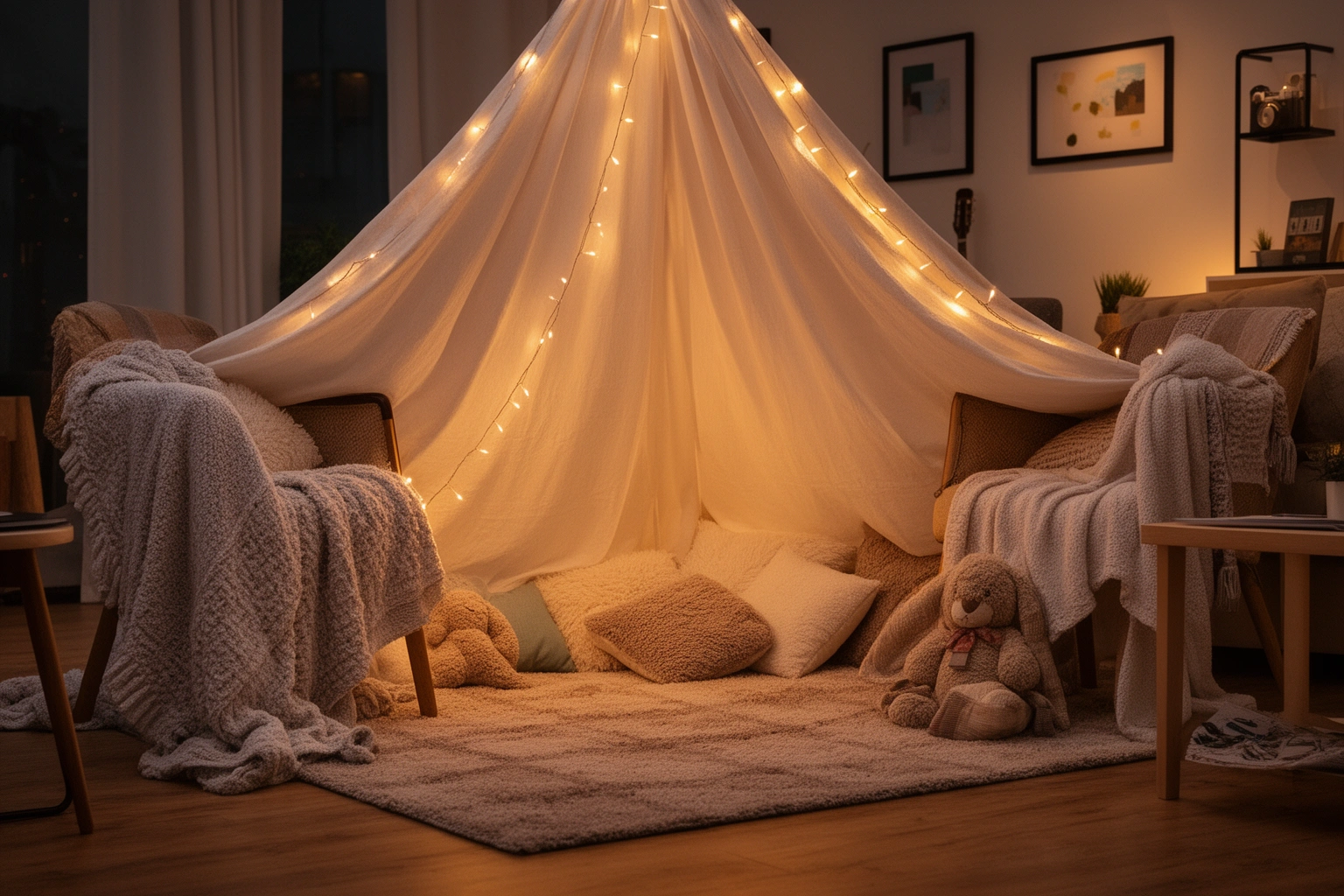 Cozy blanket fort built indoors with fairy lights and pillows for a free at-home weekend activity