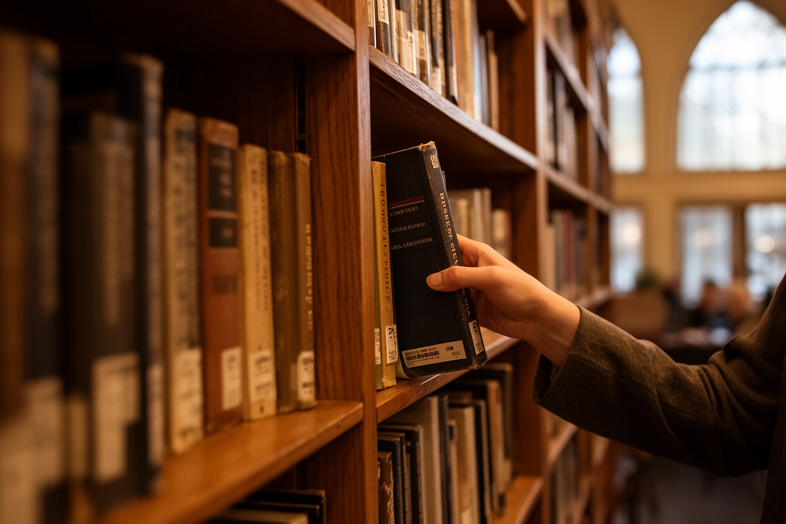 Person browsing a public library shelf and checking out books, a free weekend activity