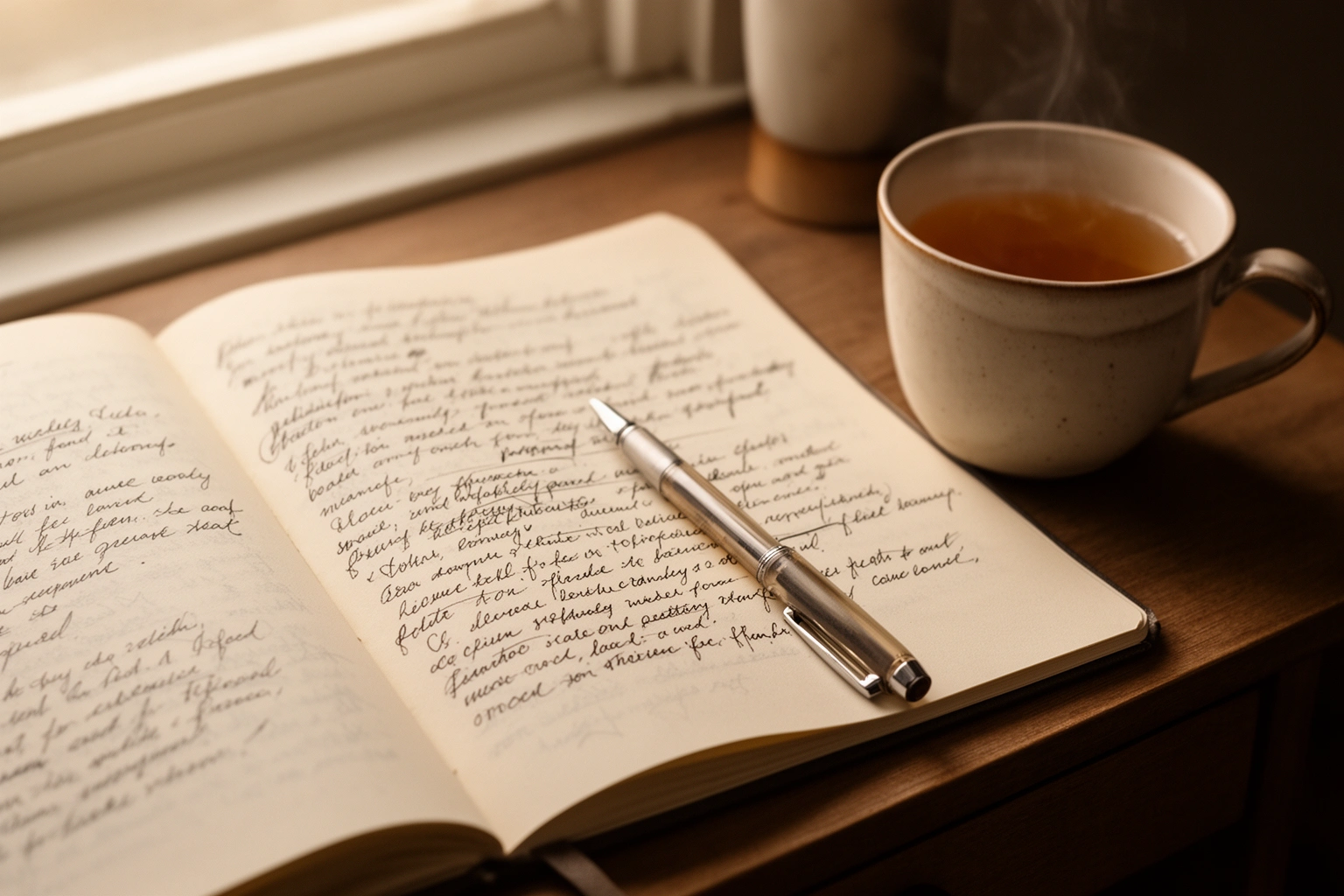 Open journal with handwritten pages and a cup of tea on a cozy desk, an inviting beginner journaling setup