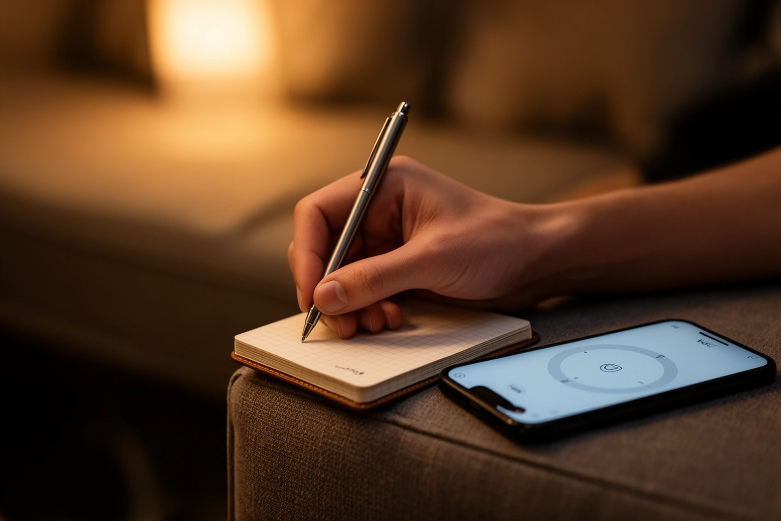 Person writing quickly in a small notebook with a timer nearby, showing a five minute stream of consciousness journaling session