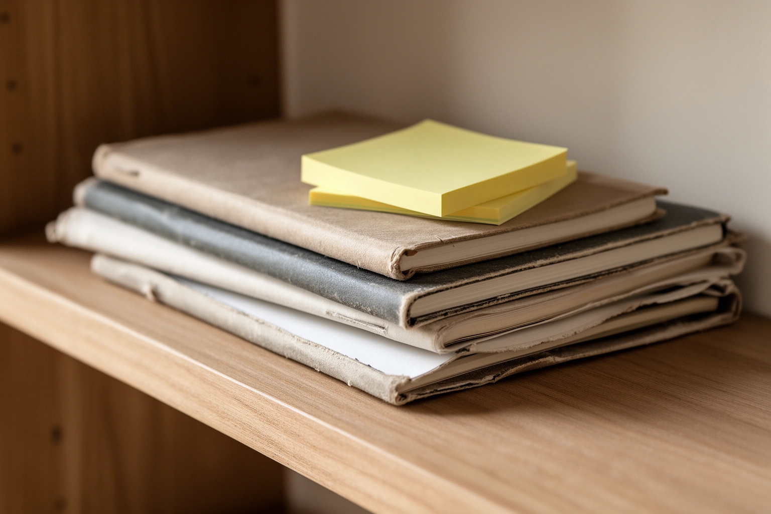 Stack of journals and notebooks with sticky notes and loose pages, showing an imperfect no pressure journaling collection
