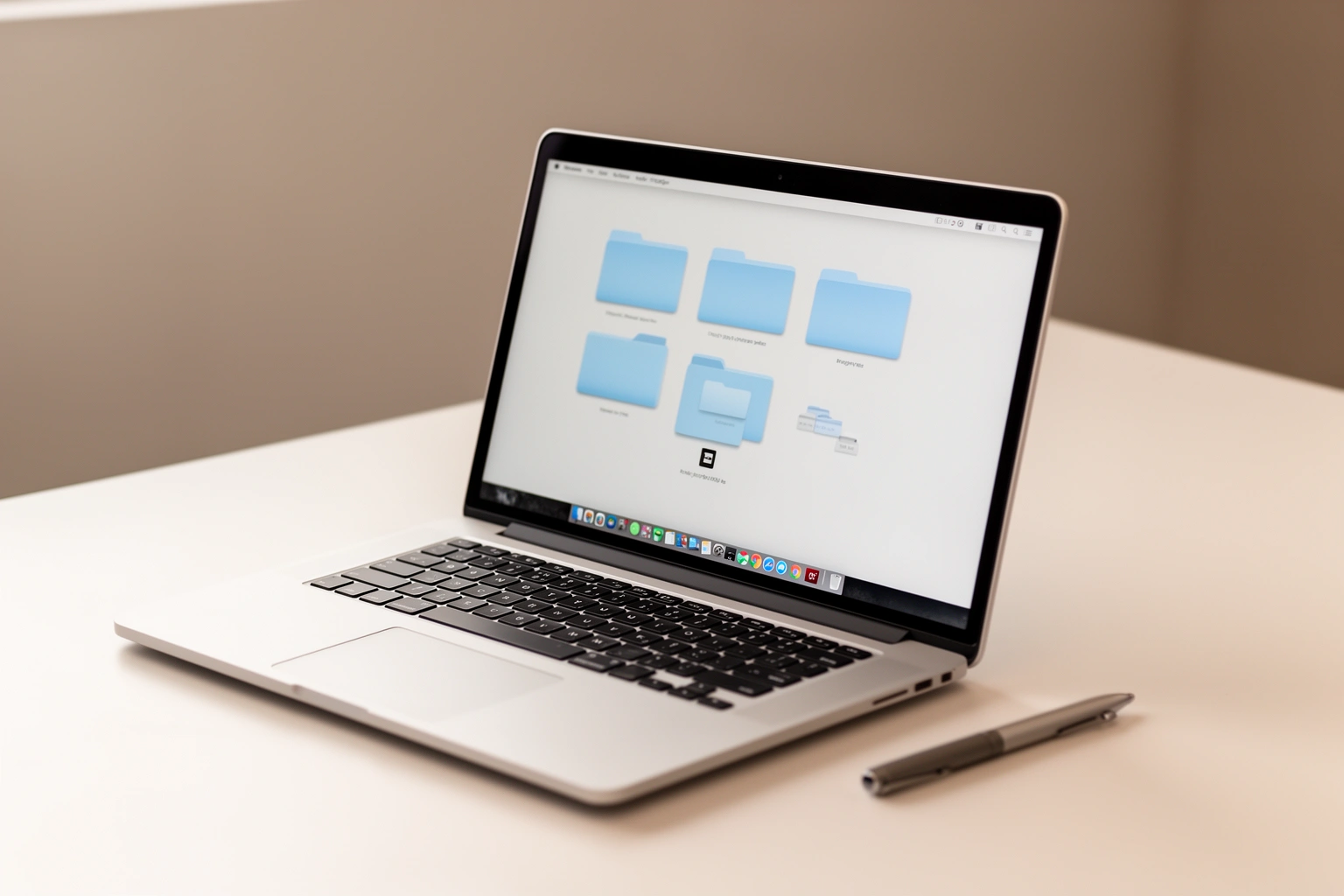 Laptop screen showing organized folder structure with labeled files, representing digital file organization