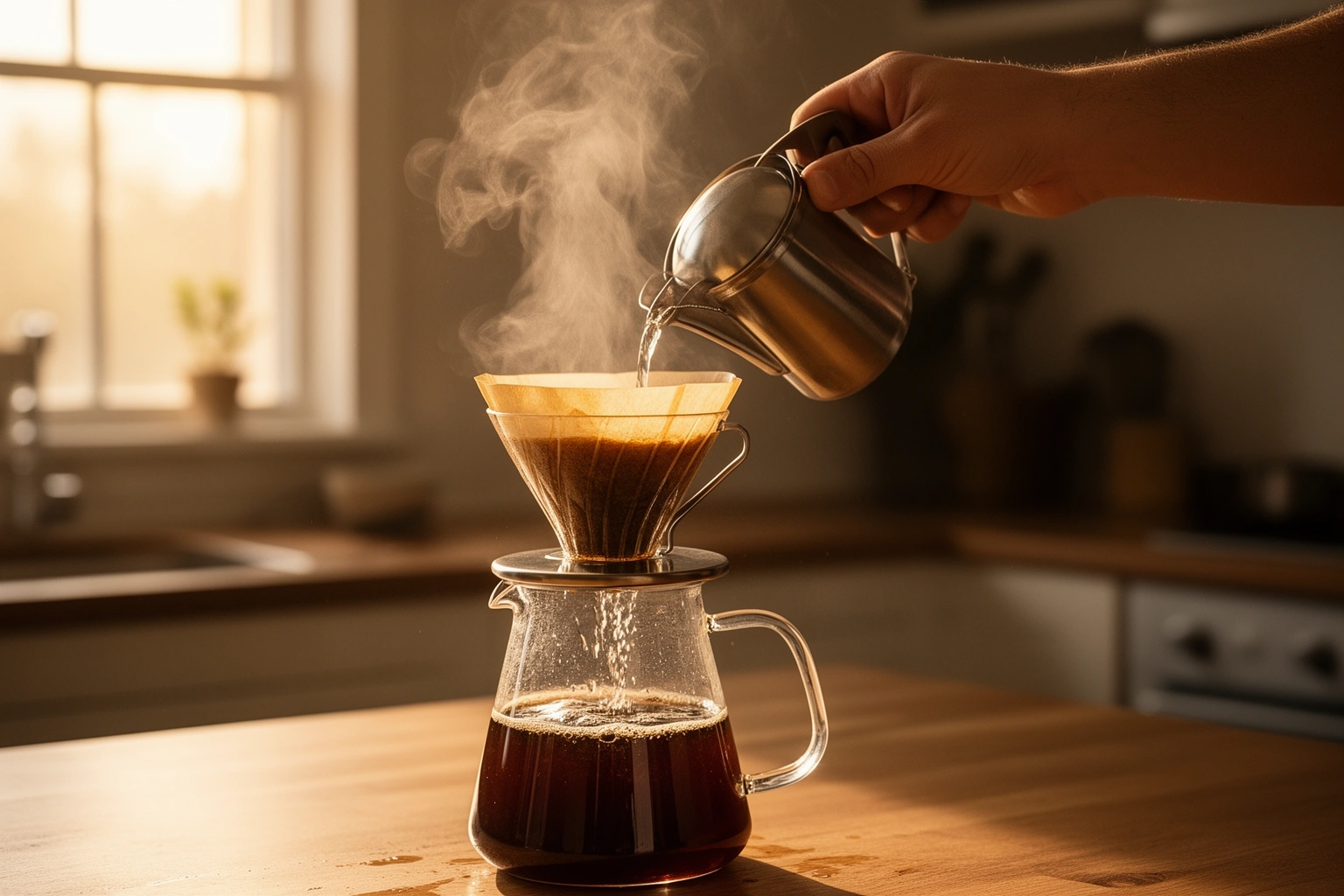 Person slowly pouring coffee using a pour over method in soft morning light, a slow morning ritual