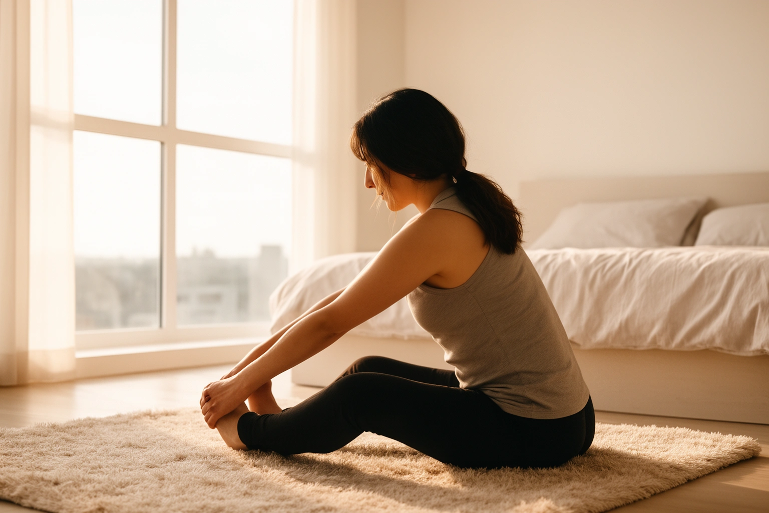 Person doing gentle stretching by a sunny window as part of a slow morning nervous system reset routine