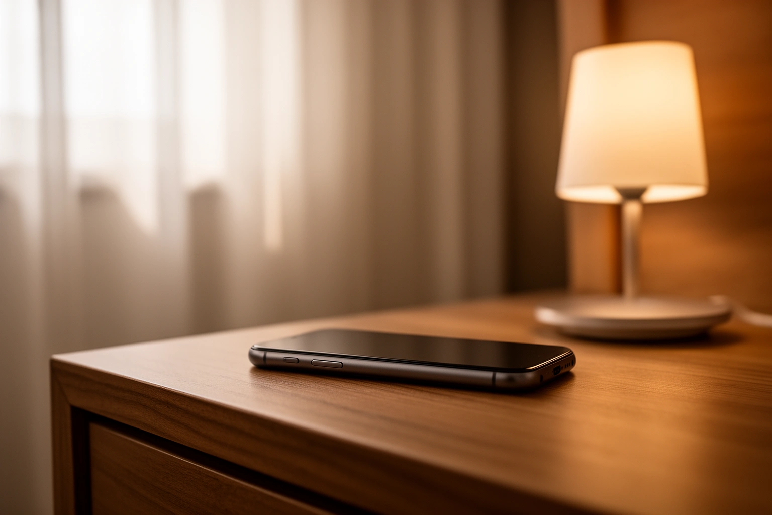 Phone left face down on a nightstand while a person steps outside for natural morning light, a phone free slow morning