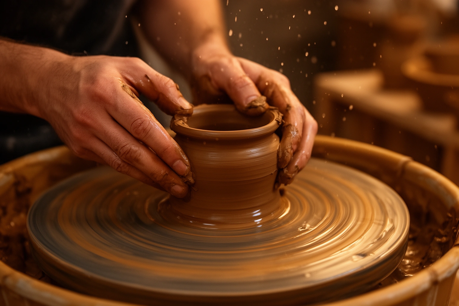 Hands shaping clay on a pottery wheel, a creative hobby to try when bored of routine