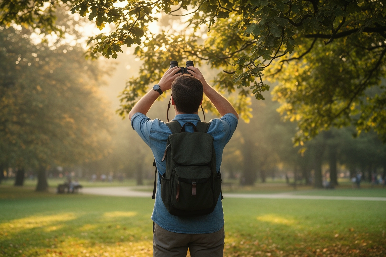 Person birdwatching outdoors with binoculars in a park, a free hobby to break up a boring routine
