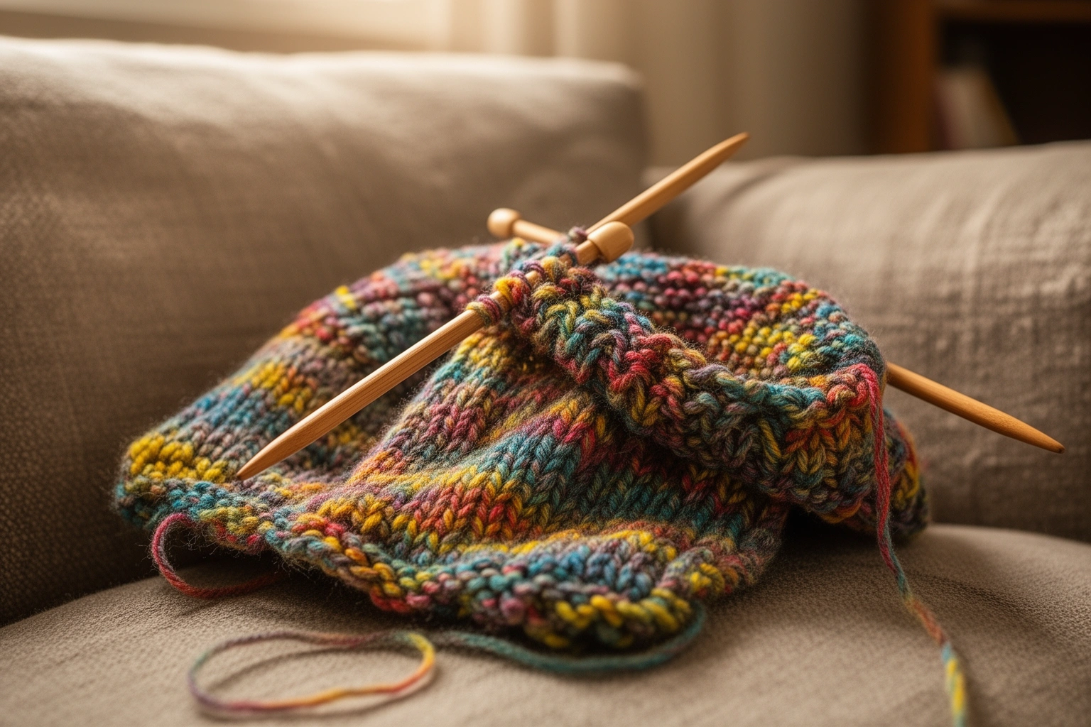 Knitting project with yarn and needles on a couch, a calming low cost hobby to try
