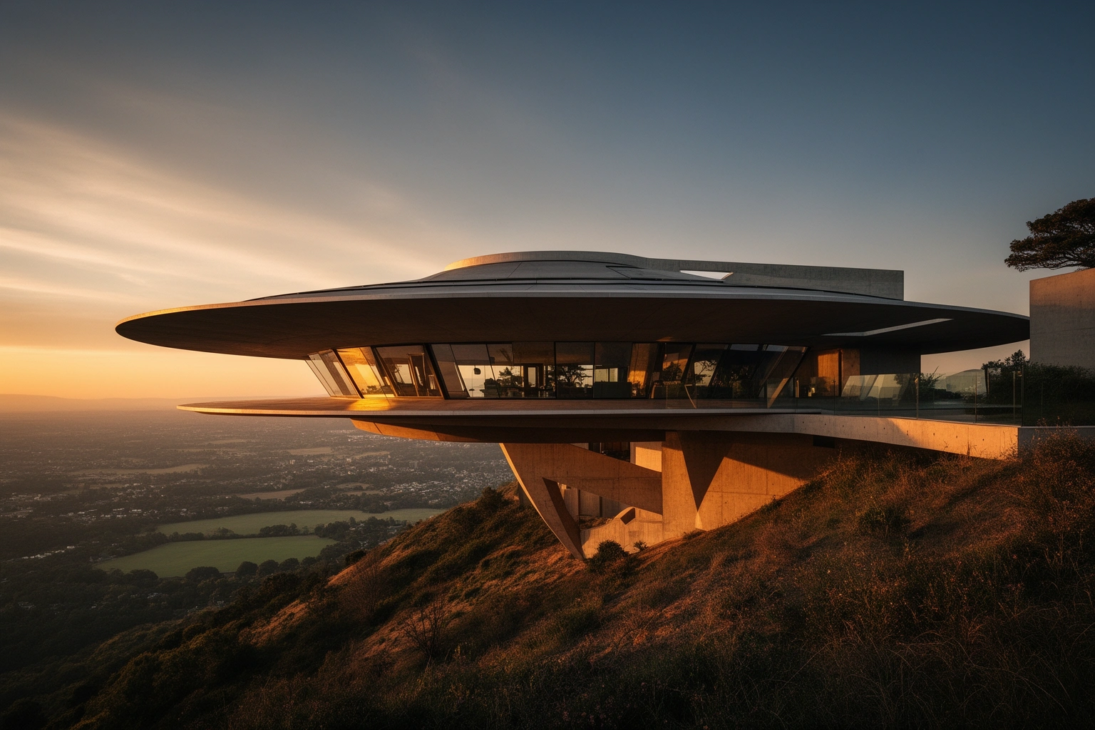 Dramatic UFO shaped modern house perched on a hillside, one of the world's most unique homes