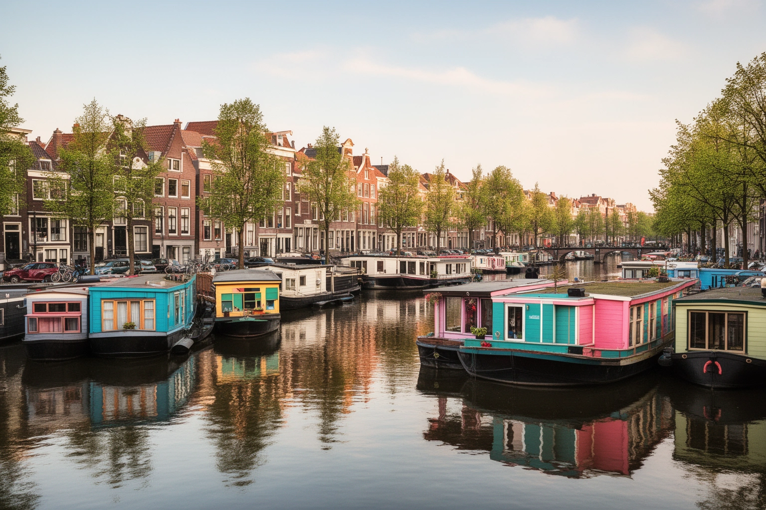 Colorful floating houseboats lining a canal in Amsterdam, an example of unique homes around the world