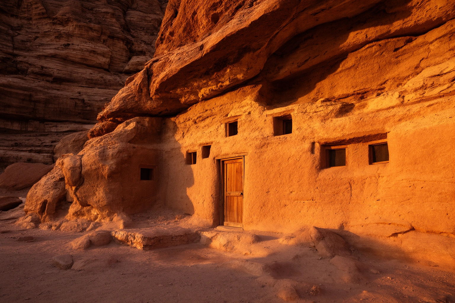 Cave dwelling home carved into a rock cliff face, an underground unique home built into natural stone