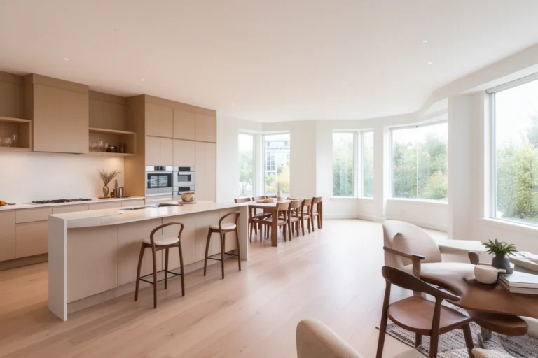 Bright open concept living room, kitchen, and dining area with no walls separating the spaces