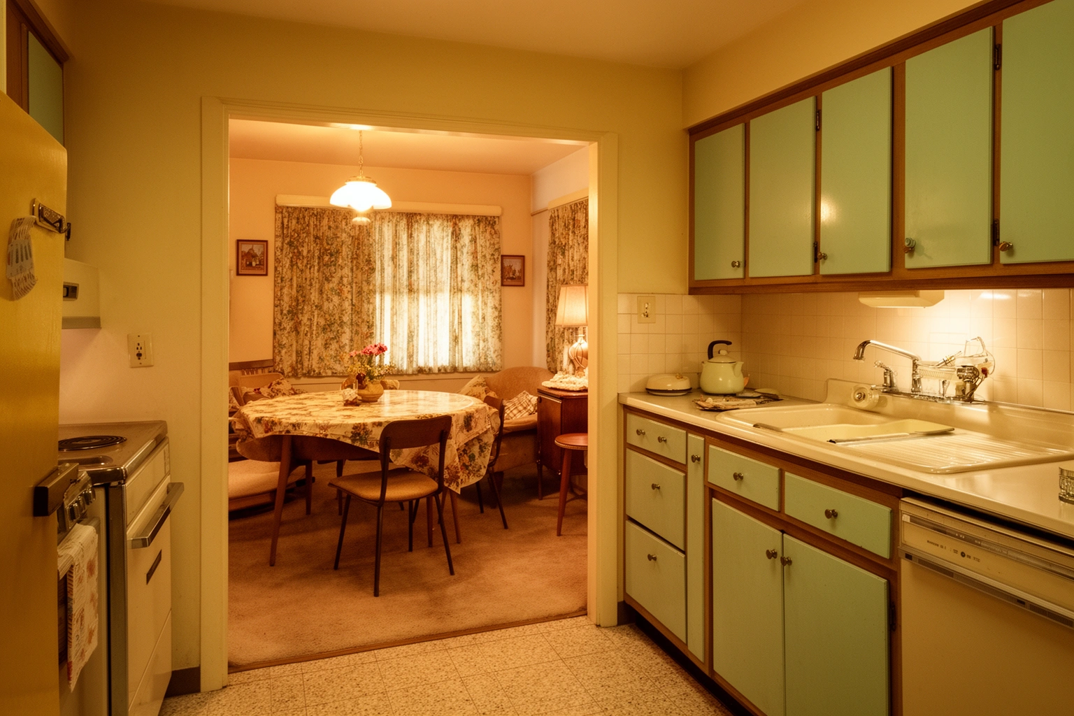 1950s style suburban kitchen open to a dining area, representing the mid century origins of open floor plans