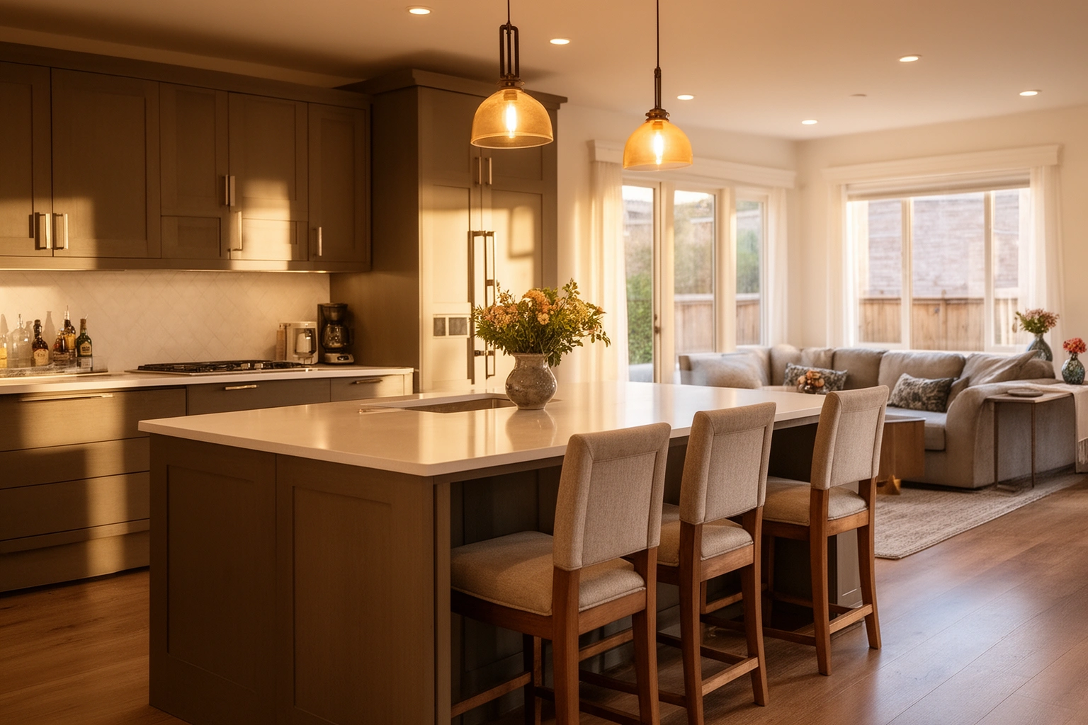Kitchen island used as a natural divider in an open floor plan home, separating the kitchen from the living space