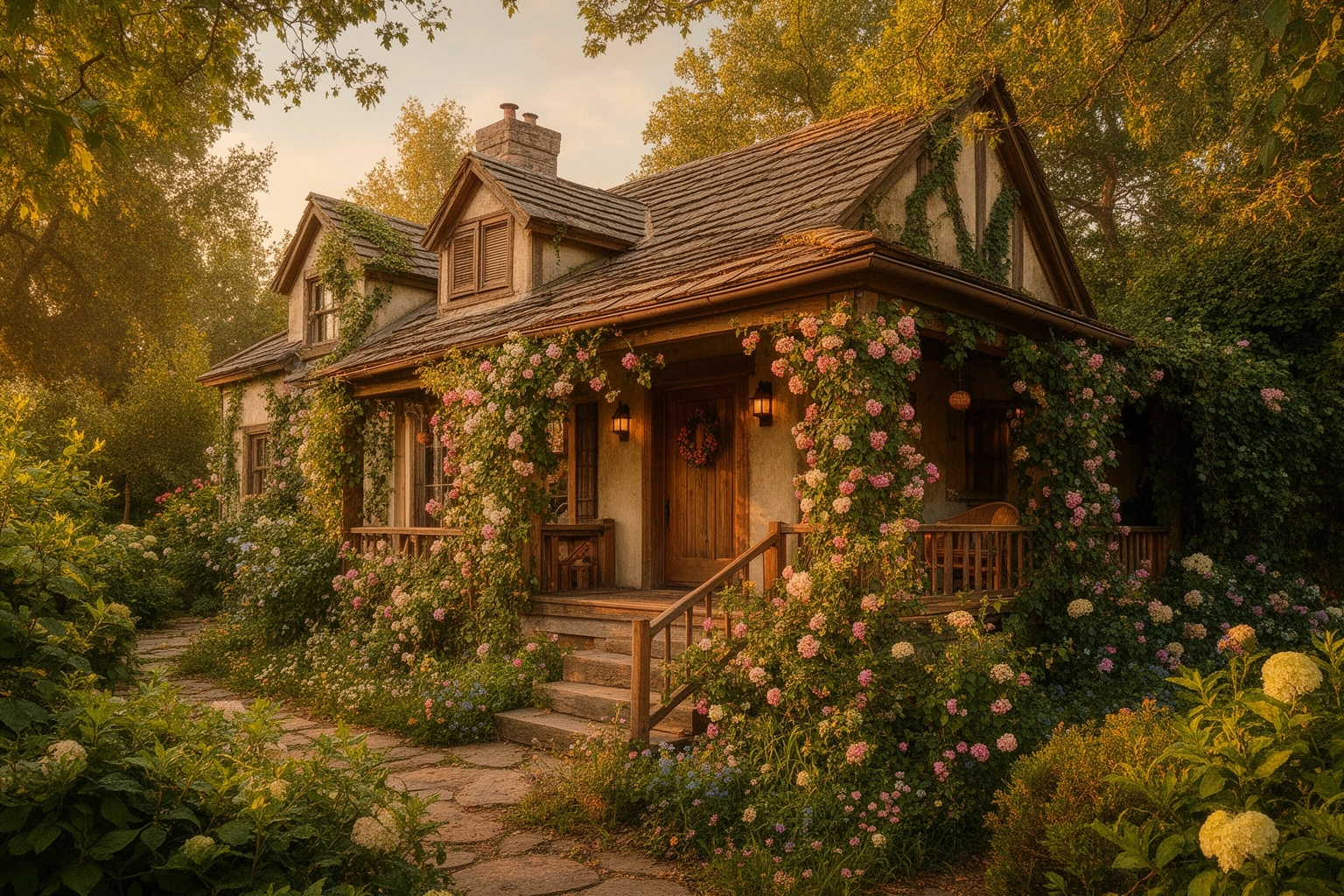 Cozy cottage style home surrounded by lush greenery and flowers, representing a nurturing nature loving personality