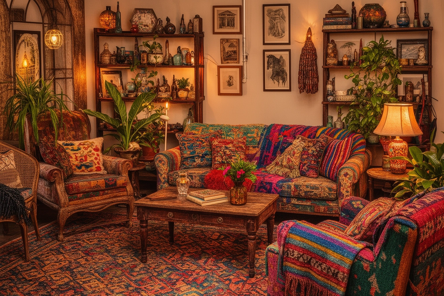 Eclectic bohemian living room with mixed patterns, vintage furniture, and travel souvenirs reflecting a creative free spirited personality