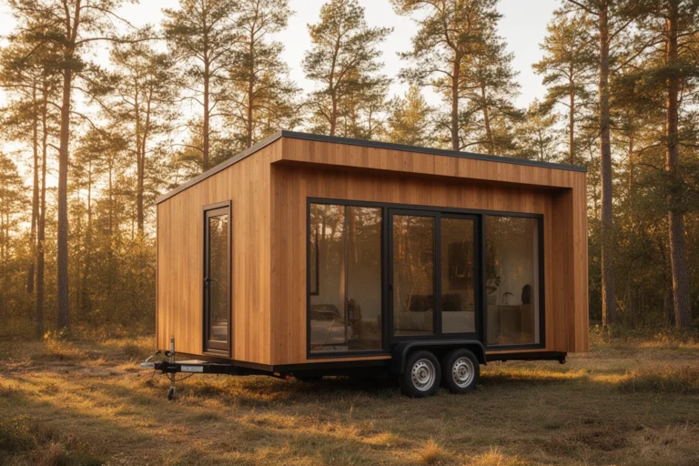 Modern tiny house on wheels parked in a scenic natural setting, representing the tiny house movement